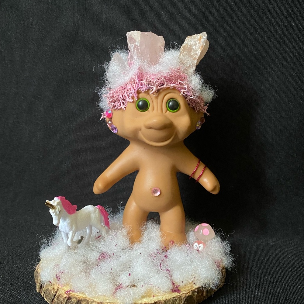 Upcycled Vintage Troll with Rose Quartz crystals